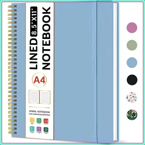 Large A4 Spiral Notebook, 8.5x11 College Ruled, 100gsm Paper, Plastic Cover, Blue