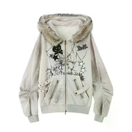 American Retro Fur Collar Rabbit Ear Hooded Sweatshirt Yabi Jacket Gray Y2K Printed Fleece Lining Th