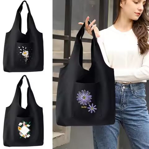 Fashion Women Shoulder Bags Reusable Large Capacity Shopping Bag Daisy Pattern Shopper Canvas Tote B