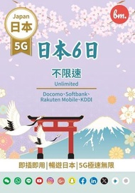Bm日本無限上網【6日全程5G不限速】Docomo/Softbank/Rakuten Mobile/KDDI網絡 5G極高速無限數據上網卡 電話卡 旅行電話咭 Data Sim咭