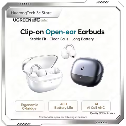 UGREEN S6Pro Wireless Open-Ear Headphone 48H Battery Life AI ENC Mic Clip-On Earbuds with Spatial Au