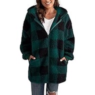 ABINGOO Women's Teddy Fleece Coat Checked Warm Winter Jacket Hooded Jacket Fluffy Plush Jacket Zip Sweatshirt with Hood and Pockets