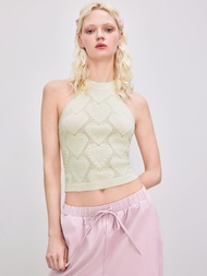 Cider Round Neck Heart Hollow Out Knitted Crop Top