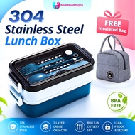 304 Stainless Steel Lunch Box Bekas Makanan Tahan Panas 1.5L Double Layer Bento Set and Bag BPA Free