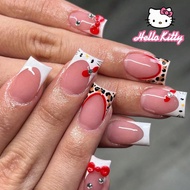 Sanrio Hello Kitty 24pcs Short Square 3d Leopard Print French Press On Short Nails With Hello Kitty,