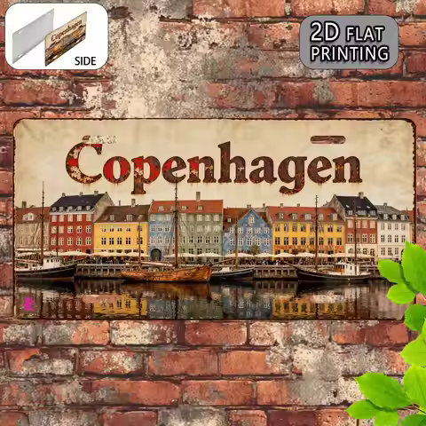 Copenhagen Denmark Nyhavn Harbor Colorful Houses License Plate Style 2D Flat Printing Metal Tin Sign