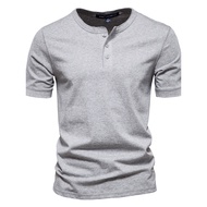 2025 Summer Henry Collar t-Shirt Men Casual Henry Shirt Short-Sleeved Pure Cotton Retro Men's Solid 
