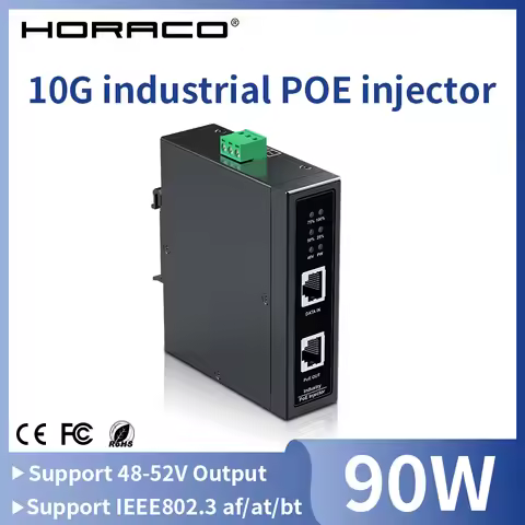 HORACO 10G industrial POE Injector 90W DIN Rail IEEE 802.3 af/at/bt Plug&Play 48-55V for POE Camera,
