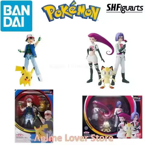 Bandai Original Pokemon S.H.Figuarts SHF Ash Ketchum Pikachu Jessie James Meowth Anime Action Figure
