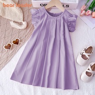 Bear Leader Solid Color Dresses for Baby Girls Clothing 2024 New Flying Sleeves Princess Dress O-nec