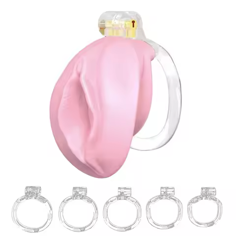 Female Chastity Device, Soft TPE Material, Pin Chastity Cage, Includes 5 Base Rings