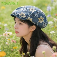 TWINKLE1 Embroidery Flower Forward Hat, Visor Y2k Denim Forward Cap, Retro Washed Denim Korean Style