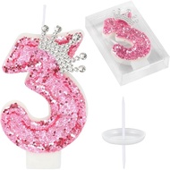 Birthday Number Candles,Pink Crown Birthday Candles for Cake,Glitter Number 3 Candle Cake Topper wit
