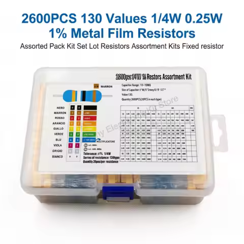 2600pcs Assorted Metal Film Resistors 130 Values 1/4W 0.25W 1% Fixed Resistor Kit for Electronics DI