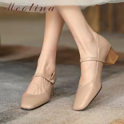Meotina Women Mary Janes Shoes Thick Heels Pumps Square Toe Fashion Med Heel Buckle Strap Ladies Foo