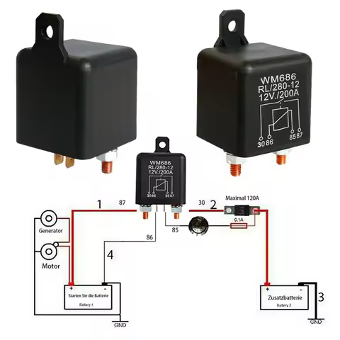4 Pin Battery Switch Relay 12V 200A Electromagnetic Isolating Relay Dual Battery Isolator Relay Curr