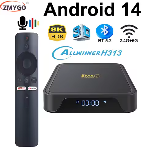 TV Box 4K Android 14 Allwinner H313 Quad Core Allwinner H313 Quad Core 2.4G/5G Dual WiFi BT5.2 Voice