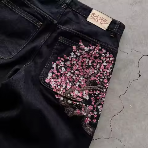 Y2K Baggy Jeans Cherry Blossom Embroidery Denim Pants Men Women American Hiphop Streetwear Wide Leg 