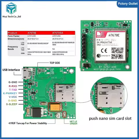 A7670E Push Nano Side Way SIM Slot Core Board SIMCOM 4G LTE Cat 1 Module Support data/GPS for Europe