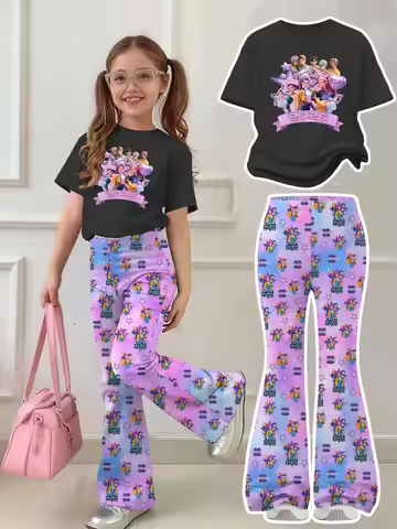 Girls 2-Piece 2026 K-Pop Concert Outfit - Black Graphic T-Shirt & Pastel Character Print Flared Pant