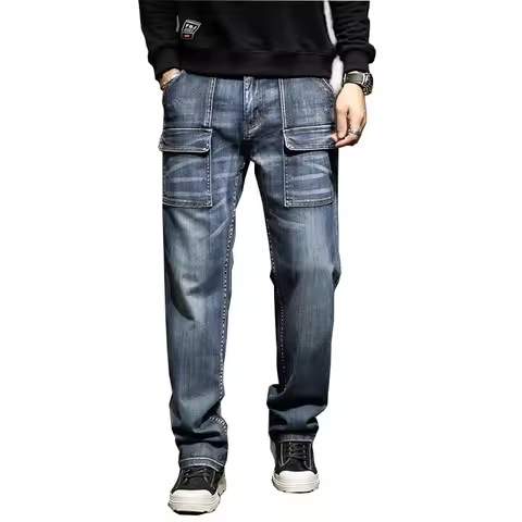 Mcikkny Men Cargo Casual Jeans Vintage Straight Loose Denim Trousers For Male Pants Plus Size 29-44 