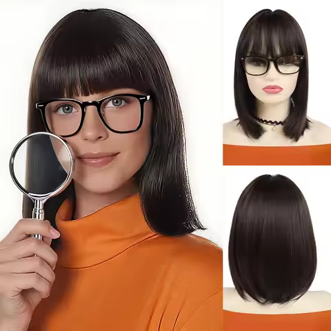 Synthetic Dark Brown Bob Wig and Glasses for Adult Women Velma Cosplay Flapper Wig with Bangs Compat