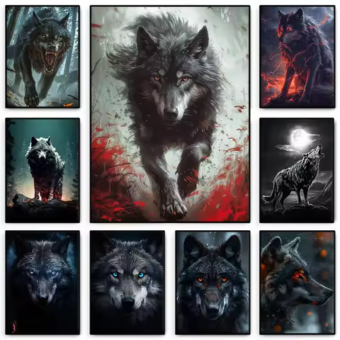 Black Wolf with Red Eyes Poster Fierce Wild Animal Wolfs Bellow Canvas Painting Wall Art for Living 