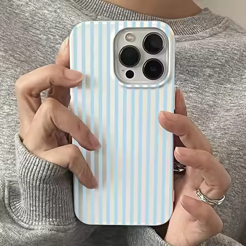Fresh Blue and White Striped Glossy Phone Case for iPhone 11 12 13 14 15 16 17 Pro Max 17 Air Soft C