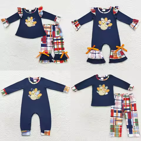 Hot Sale Baby Girls Designer Clothes Thanksgiving Kids Sibling Clothing Turkey Embroidery Boys Cloth