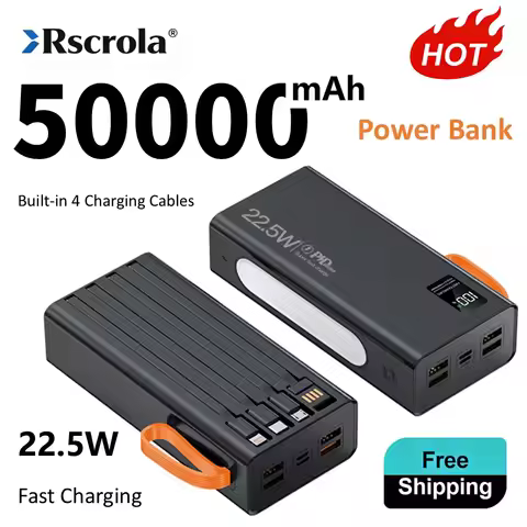 Portable Power Bank 50000mAh, External Portable Battery with 4 Built in Cables, Long-lasting Power B