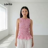 Lovito Top Comel Motif Gingham Smocked Musim Panas/Musim Bunga Tank Top Wanita L125AD139