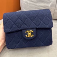 Chanel vintage 海軍藍棉布方胖子鏈條包。1開有卡防塵袋 好成色