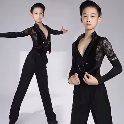Latin Dance Clothes For Boys Competition Clothing Black Lace V-Neck Dance Top Children Ballroom Danc