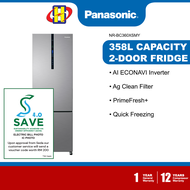 (Save 4.0) Panasonic Refrigerator (358L) AI ECONAVI Inverter PrimeFresh+ Bottom Freezer 2-Door Fridge NR-BC360XSMY