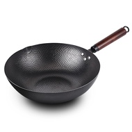 Hand forged 32cm iron pot household wok with wooden lid induction cooker gas stove universal