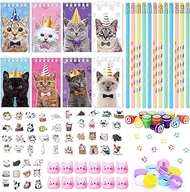 Harloon 122 Pcs Cat Party Favors Set Include Cute Cat Mini Notepad Kitty Pencil Squishy Cat Toy Animal Sticker Paw Print Stamp Kawaii Sharpener Cat Stationary for Cat Theme Birthday Party Supplies