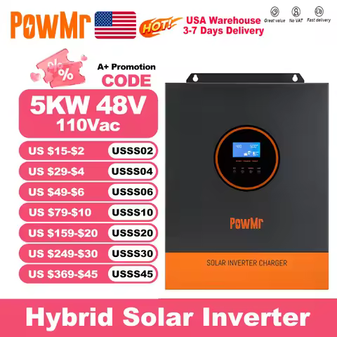 PowMr 5000W 48V 110/120VAC Output MPPT Hybrid Solar Inverter PV 500VDC With MPPT 80A Charger Control