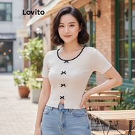 (trendy3)Lovito Elegant Plain Bow Contrast Binding T-Shirt for Women L120ED044