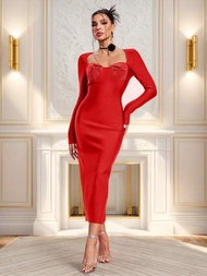 紅色珠飾 3d 胸圍罩杯長袖中長繃帶洋裝適合雞尾酒會