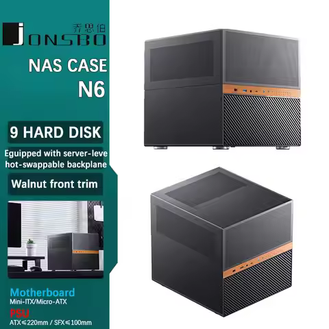 JONSBO N6 9-bay NAS Case MATX Motherboard/Dual Power Supply Bays/Walnut Wood Finish/240mm Radiator B