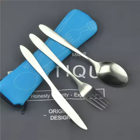 Stainless Steel Travel Cutlery Set with Zipper Case Portable Dishwasher-Safe Utensils for Picnic Cam