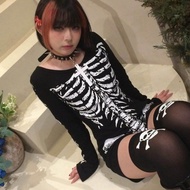 Y2K Dark Gothic Style Skeleton Print Hot Girl Short Pants Long Sleeve Punk Aby Culture Jumpsuit Skir