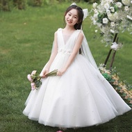 Dress White Gauze Dress Girl Birthday Princess Skirt Flower Child Wedding Children Host Show E873