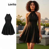 (Fashion_2) Lovito Elegant Dress Plain Double Layer Tie Back Dress for Women L80ED448