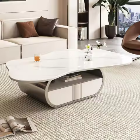 41.7" White Marble Coffee Table with Storage Drawer & Open Shelf, Luxury Center Table with Cloud Sha