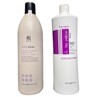 Combo of anti-yellowing purple shampoo and purple conditioner for bleached hair care Fanola No Yello
