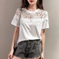 Pure Cotton Short-Sleeved T-Shirt Women Korean Version Loose All-Match Fashion Age-Reducing Lace Stitching Casual Top Trendy
