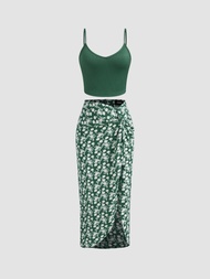 Cider Solid Crop Cami Top &amp; Floral Twist Split Maxi Skirt