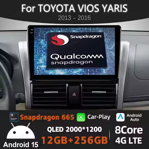 Android 15 Car Radio For Toyota Vios Yaris 2014 2015 2016 QLED Head Unit Qualcomm GPS NAVI 2DIN 4G W