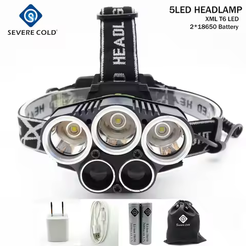 Severe Cold 5 XML LED Headlamp XML T6 Q5 USB Charge LED Headlight 15000 Lumens 18650 Battery LED Hea